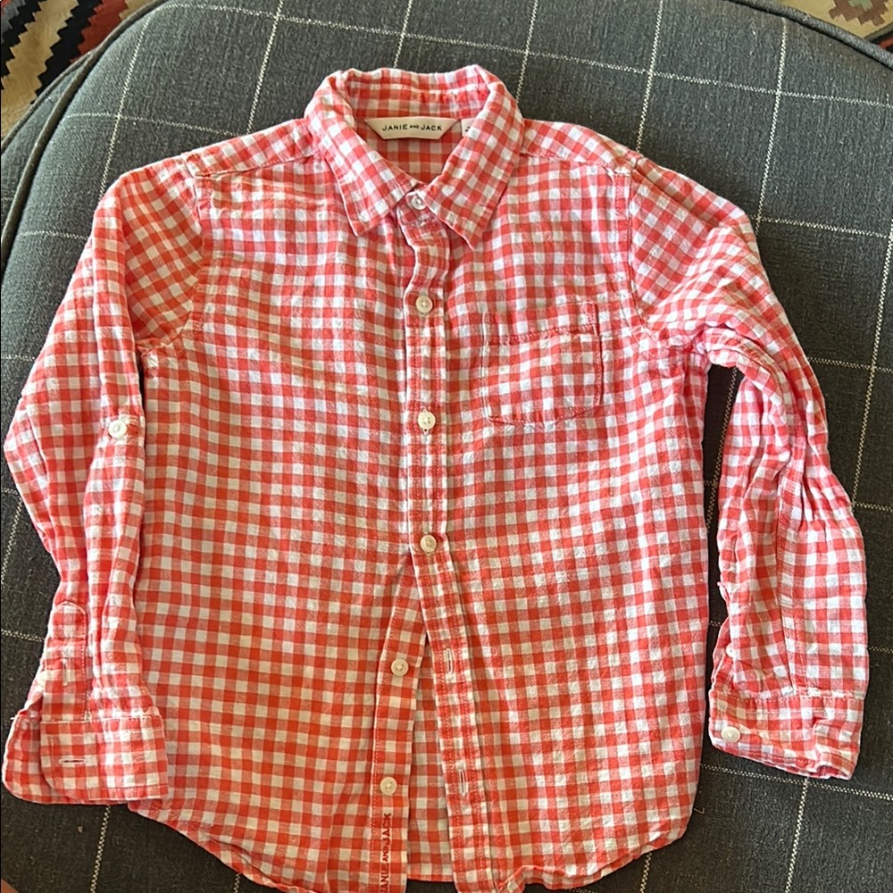 Janie and Jack Coral and White Gingham Button Down Shirt